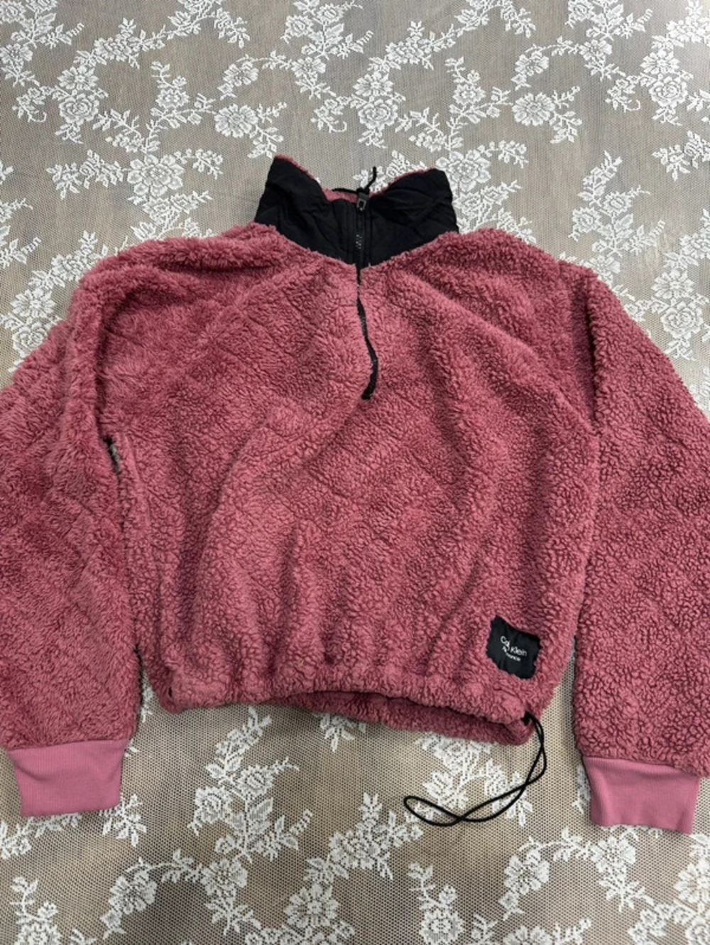 pink sherpa 1/4 zip sweater with drawstring
